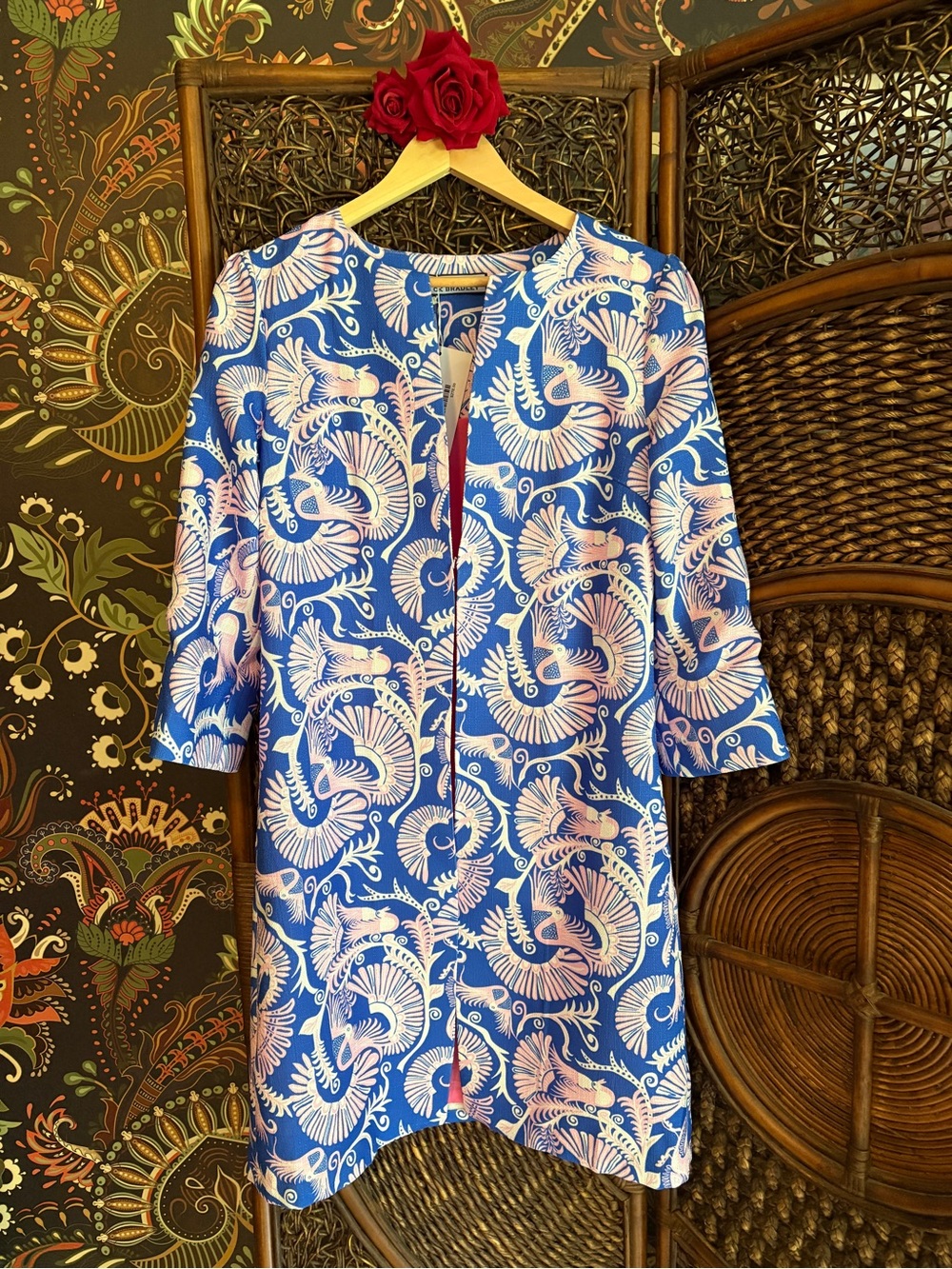 CK Bradley Sandpiper Jacket Blue Pink Bird Print Open Front NWT $278